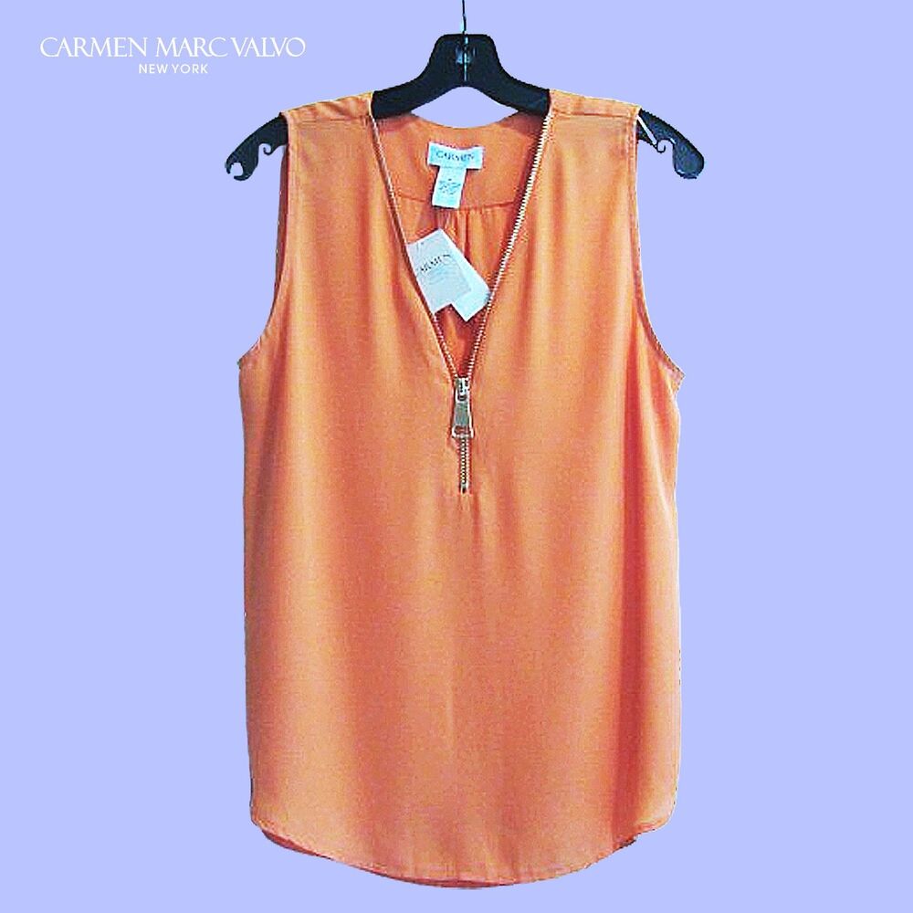 CARMEN MARC VALVO NEW SPICE FLOWER Feminine Latch Exposed Zip V-Neck Blouse M